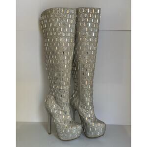 Shiekh Silver Rhinestone Over Knee High Heel Boots Women’s Size 9 Glam Party